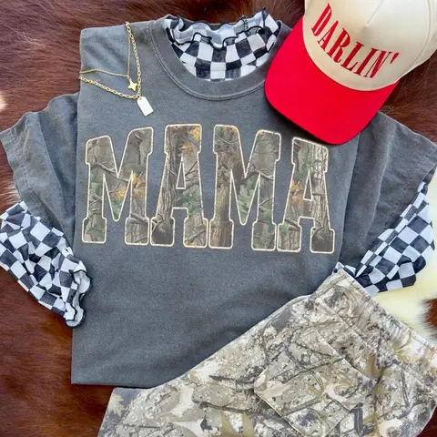 Comfort Colors Hunting Mama Camo Western Vintage T-Shirt, Trendy Mom Tee, Camo Print, Retro Hunting Distressed, Camo Cozy Season