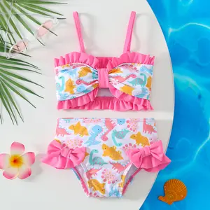 Younger Tree Picture-Perfect Ruffle Bow Dino Bikini Aesthetic High-Waisted Two-Piece Swimsuit 6Months 12Months 18Months 2T 3T 4T 5T