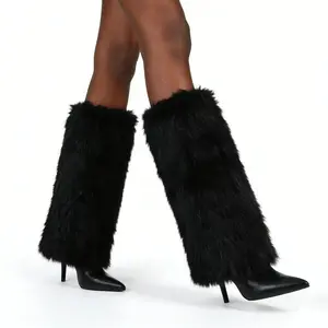 Women's Stilettos Elegant Fluffy Fur Knee High Boots Winter Pointed Toe Fold Over for Stylish Comfort Tactical Walking Shoes