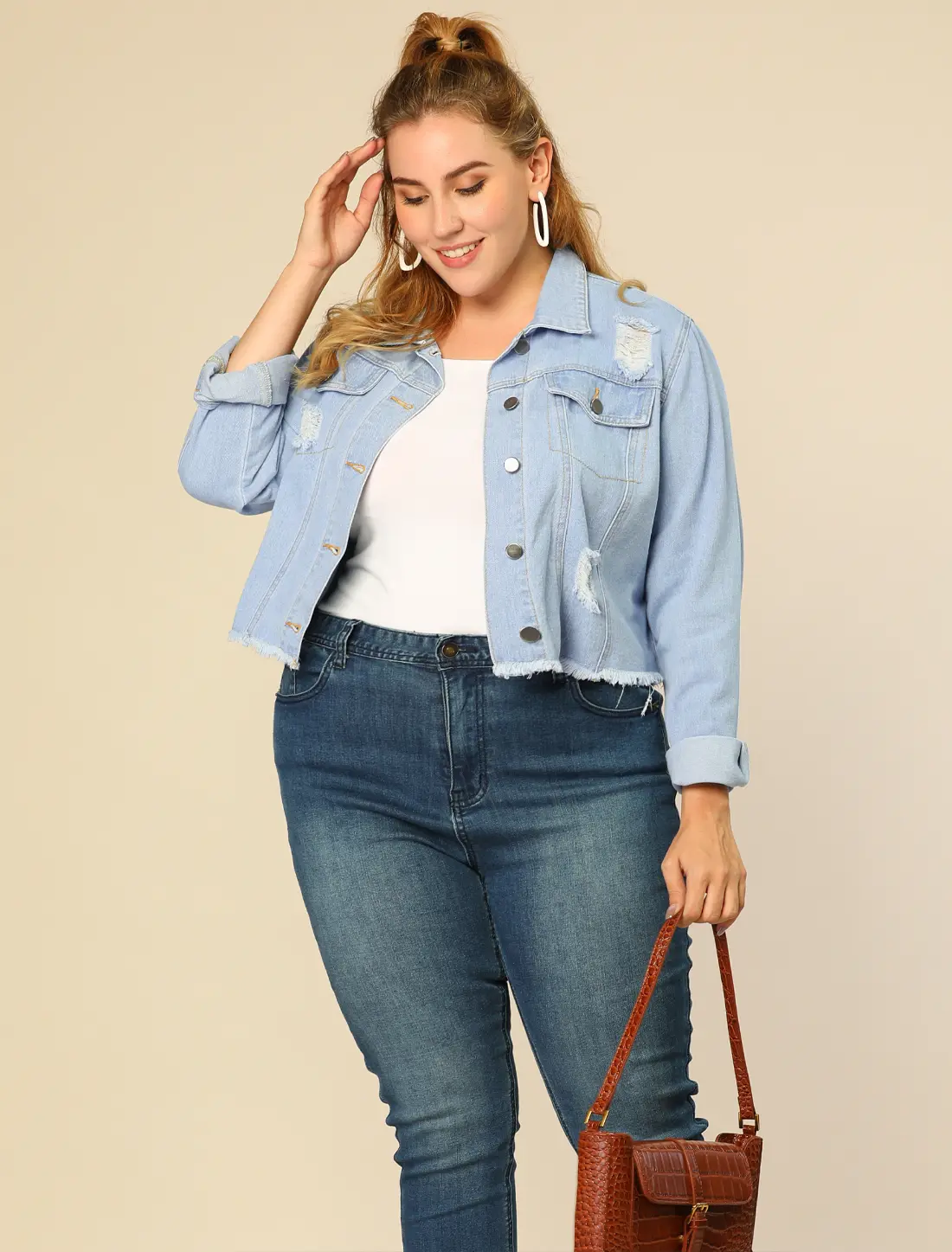 Agnes Orinda Plus Size Washed Distressed Cropped Denim Jackets