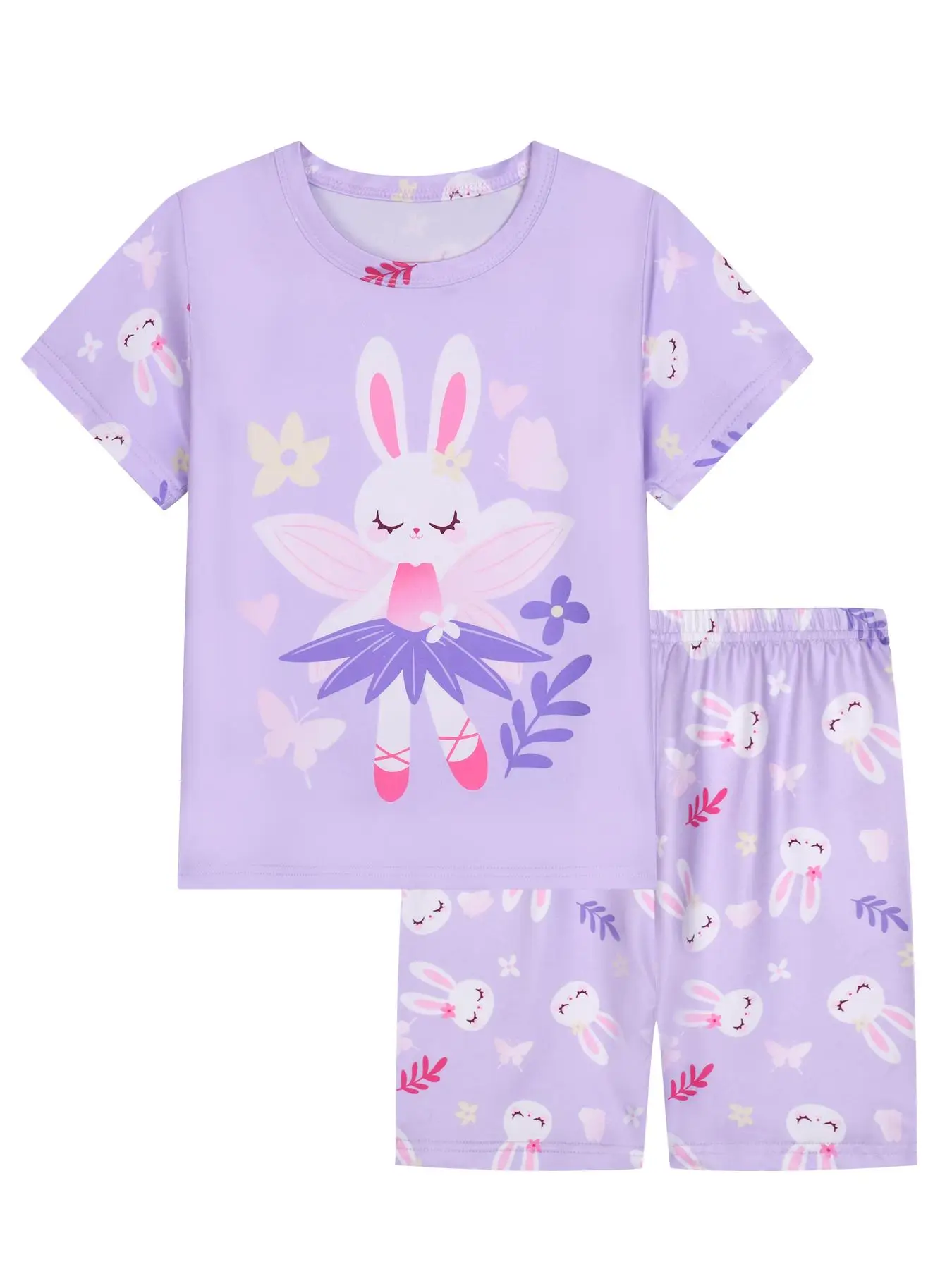 Girl's Cartoon Rabbit Print Crew Neck Tee & Elastic Waist Shorts Pajama Two-piece Set, Casual Comfy Round Neck Short Sleeve T-shirt & Shorts Pj Set, S