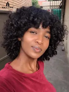 Anytime Wigs Short Curly Bob 100% Human Hair Wig with Bangs, Human Hair Wavy, 200% Density Short Curly Bob for Women, Stylish and Charming Hairstyle
