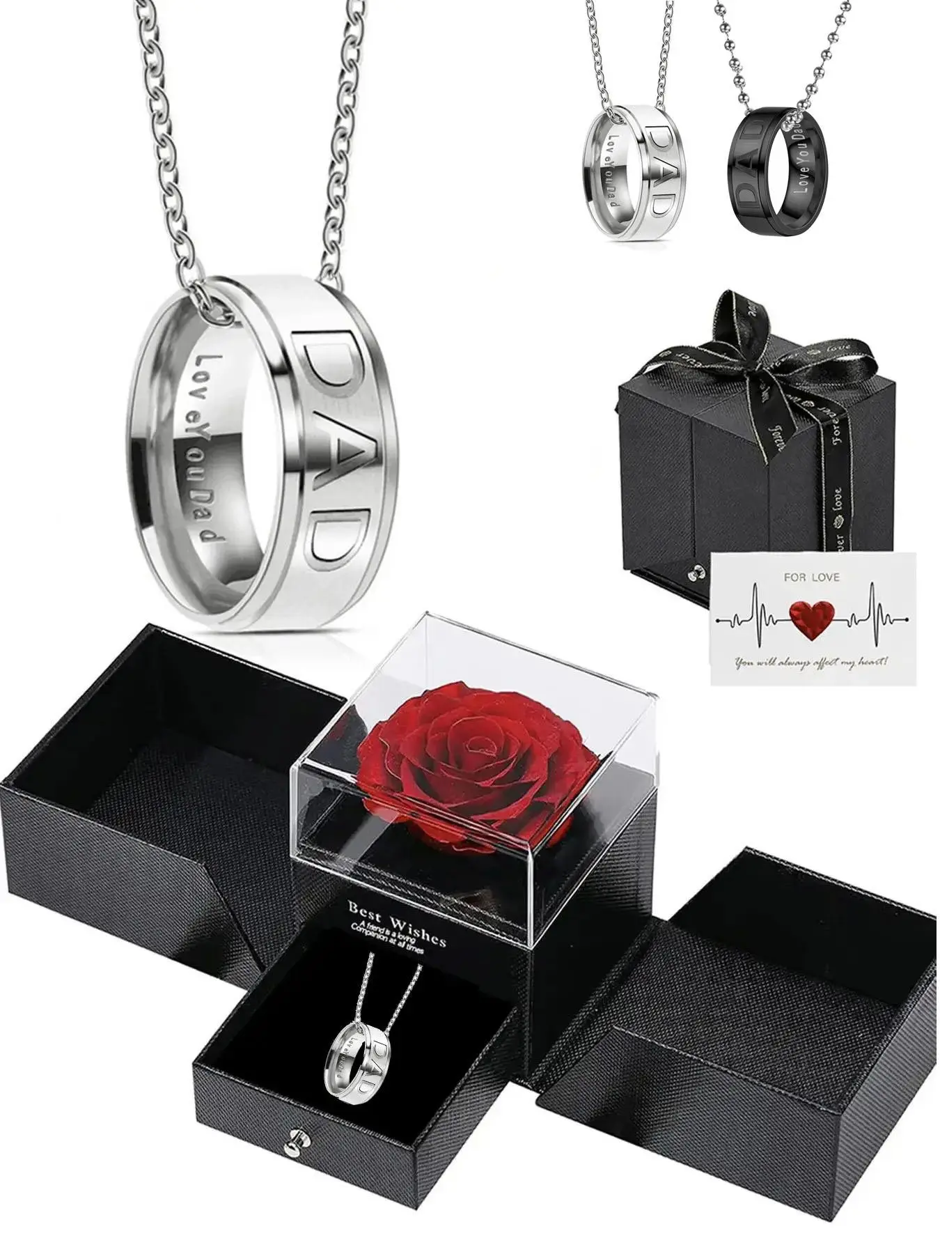 Father's Day Gift Superhero Dad Engraved Ring Necklace, Chain Necklace, Four Colors Available, Rose Box Included, Perfect for Birthday and Memorial Gifts, Family Necklace, Chain Jewelry