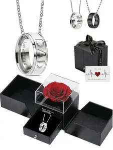 Father's Day Gift Superhero Dad Engraved Ring Necklace, Chain Necklace, Four Colors Available, Rose Box Included, Perfect for Birthday and Memorial Gifts, Family Necklace