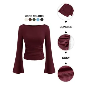 Women's autumn winter boat neck flared sleeve pleated blouse ribbed short length long sleeved knit base layer comfortable soft and breathable suitable for outdoor activities commuting and casual wear