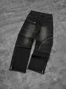 Men's New Washed Loose Zipper Pocket Design Denim Jeans, Casual All Season Versatile Simple Leg Zipper Jeans, Jeans With Pockets