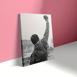 1pc Framed Canvas Painting - Rocky Balboa Victory Scene with Raised Arms, Black & White Film Poster Decor - Ready-to-Hang Gym, Home, Office, Living Room Wall Art - Inspirational Boxing Movie Decoration - Gift for Fans of Rocky Series, Boxing Room Dec