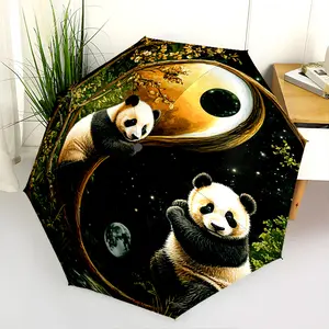 1 PC Automatic Folding Umbrella - Panda Yin Yang Moon Night Forest Pattern, Portable & Foldable Design with 8 Ribs, Merry Christmas Pattern,Casual Outdoor Accessory Halloween and Christmas Birthday Gifts. H00159