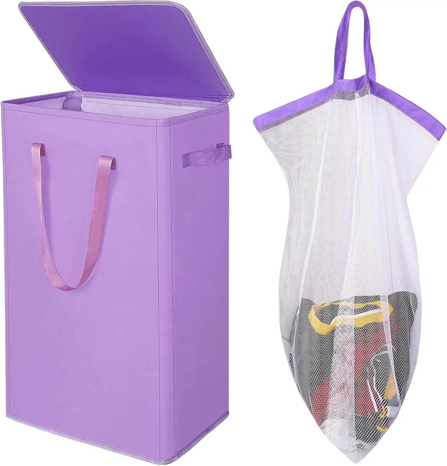75L Slim Laundry Hamper with Lid,Large Foldable Laundry Basket with Removable Bag and Handles Tall Collapsible Dirty Clothes Basket  for Bedroom, Bathroom, Dorm, College,RV.(Purple, 75L)