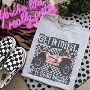Get In Losers We’re Going Muddin Bleached Shirt Comfy Unisex Jersey Top Casual Vintage Style Short Sleeve Crew Neck Medium Length