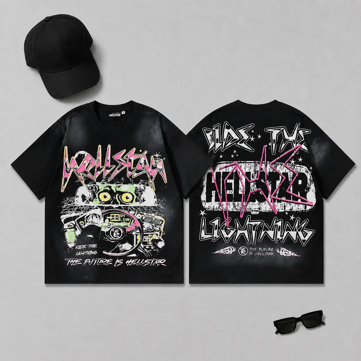 HELLSTAR Men's Pure Cotton Vintage Double-Sided Graphic T-Shirt, Heavyweight Loose Fit Washed Black Y2K Hip Hop Streetwear Tee