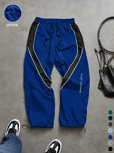 Men's Racing Style High Street Joggers, Contrast Black Patchwork Taping Details, Cool Letter Print, Drawstring Elastic Ankle Slim Fit Comfortable Breathable Lightweight Casual Pants for Spring & Summer