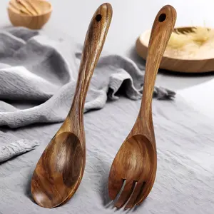 Wooden Salad Servers Set, 2-Piece Acacia Wood Salad Tongs, 10.2 Inch Salad Spoons & Forks, Durable Kitchen Cooking Utensils