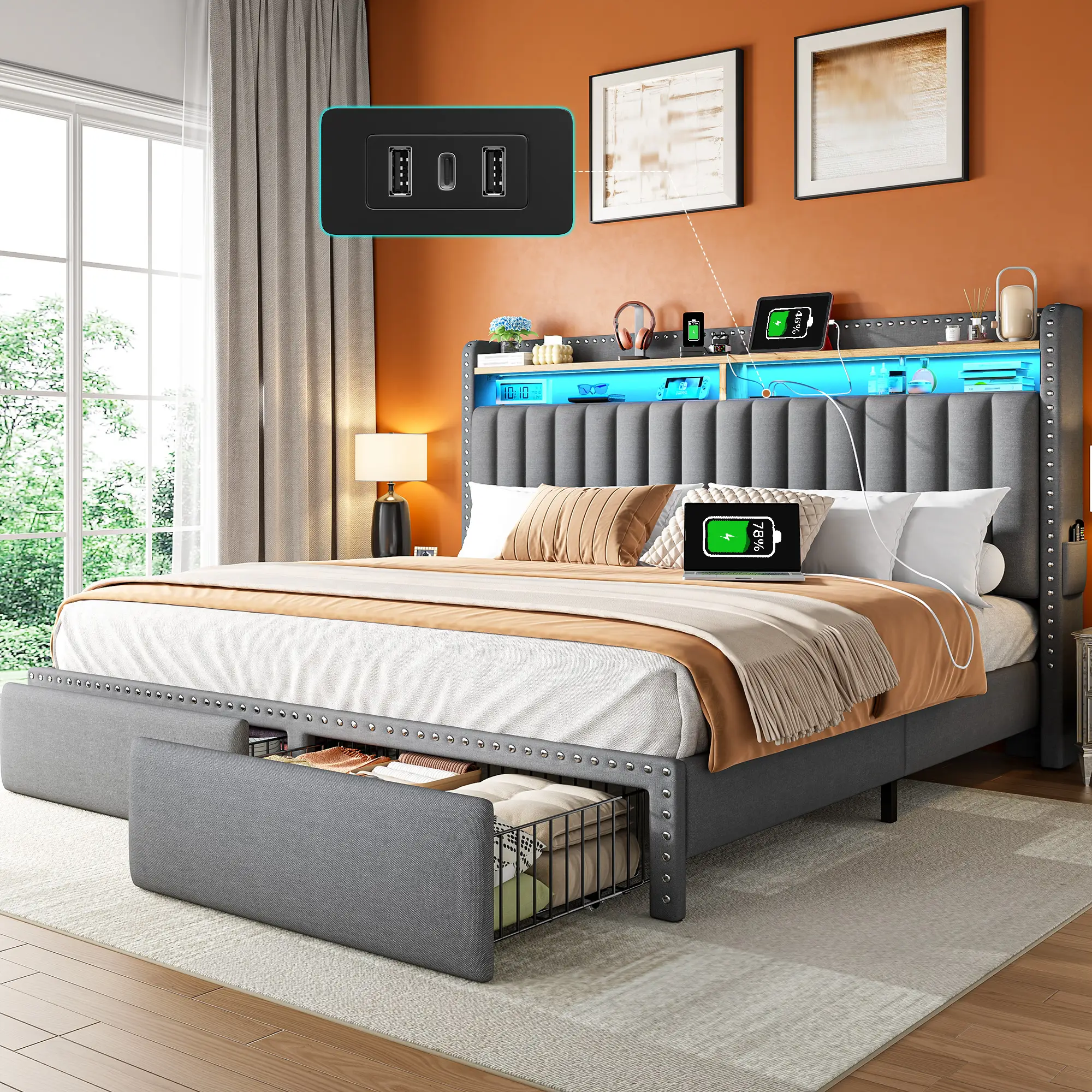 Raybee Luxury Bed Frame for Queen with 2 Storage Drawers & Shelves, MATTRESS NOT INCLUDED, Bed frame with LED &Charging Station, Queen, King, Full Siz