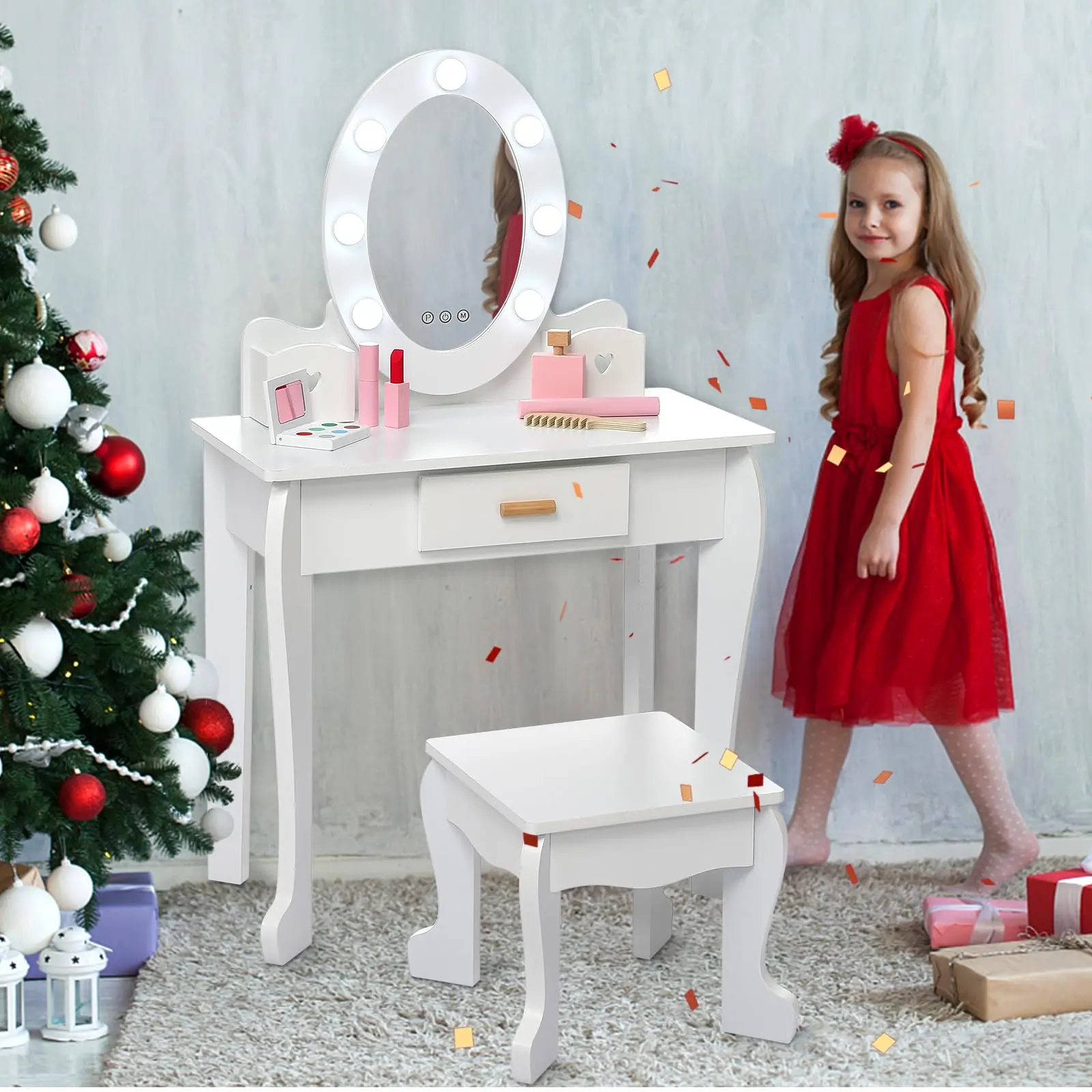 GARVEE Kids' MDF Wood Pretend Play Vanity Table and Chair Set - Lighted Mirror, Round Edges, Stool, Drawer-Equipped Illuminated Stand-Alone Lighted Vanity Desk for Imaginative Role Play (White), Drawer-Equipped Makeup Vanities
