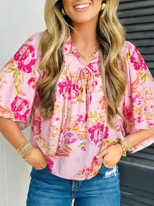 Women's Pink Floral Print Tie Neck Puffy Half Sleeve Blouse, Casual Everyday Flowy Summer Shirts for Women, Cute Preppy Peplum Tops, Chic Boho Vacation Blouses, Romantic Aesthetic Floral Apparel, Relaxed Loose Fit