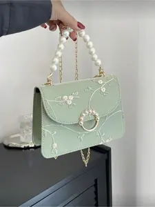 Mini Square Bag Floral Embroidery Imitation Pearl Decoration Fashion Green Pearl Crossbody Bag Chic Crossbody Purse