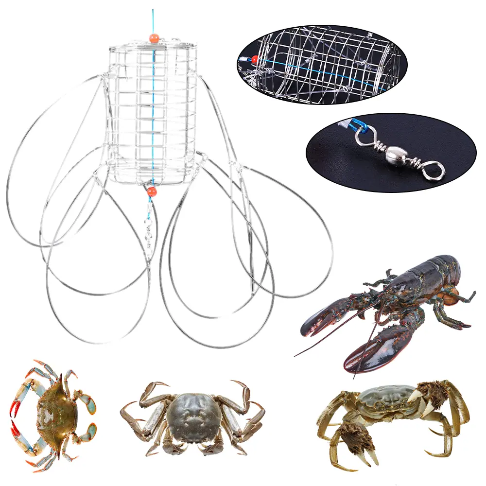 Durable Fishing Gear Live Trap Cage Pot - Lobster, Shrimp, Crab, Crayfish Bait Trap for Boat Sea Crustacean Capture, Sea Fishing Gear, 304 Stainless Steel, Crawfish, Coast, Fishing Supplies, Cut-Resistant Elastic Nylon Loops