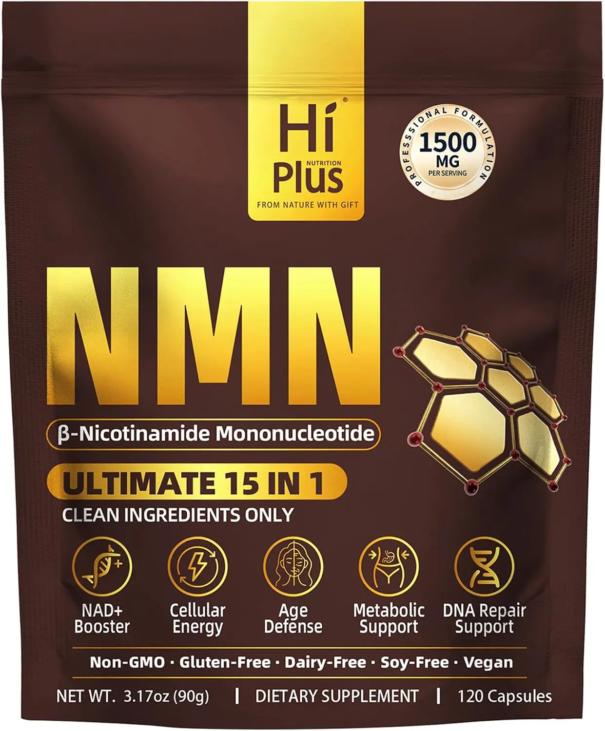 NMN Supplement 1500mg per Serving 15-in-1 Complex Formula with Nicotinamide Mononucleotide, CoQ10, Quercetin, TMG, Resveratrol Supports Cellular Energy & NAD+ Balance 120 Capsules