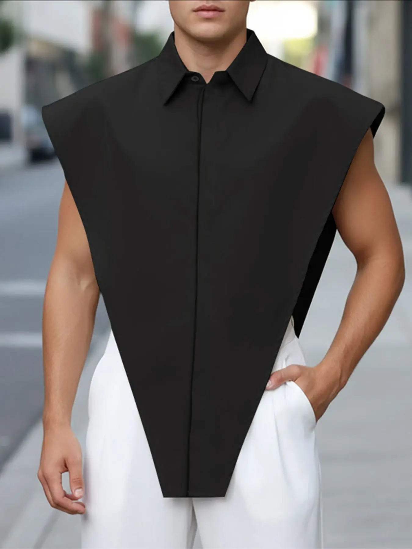 INCERUN Men's Fashion Plain Solid Color Inverted Triangle Sleeveless Lapel Shirt, Casual Stylish Design, Perfect for Daily Wear Tops, Casual Sleeveless Shirts