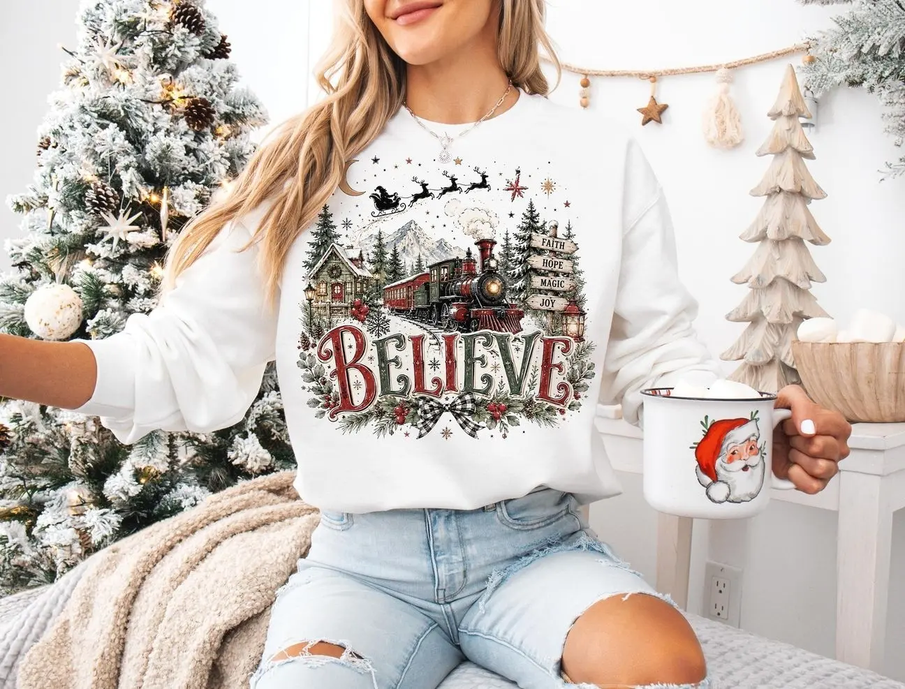 Believe Christmas Express Train Sweatshirt, Retro Polar Express Steam Train Sweatshirt, Wonderland Santa Graphic Tee, Nostalgic Winter Holiday Party Apparel, Vintage Magical Christmas Train Outfit, Cute Holiday Express Gift for Women & Men