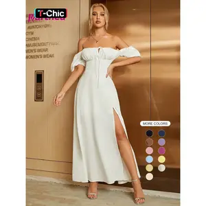 Women's Off The Shoulder Ruched Tie Front Split Thigh Slit Dress, Elegant Puff Sleeve A Line Long Dress for Party Holiday Dating Wear, Chic Milkmaid Dress, Ladies Summer Clothes Fit
