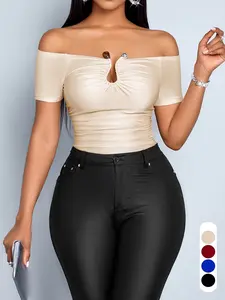 Elegant Summer Women's Plain Slim-Fitting Short Sleeve Top Shirts, Blouse, Metal Decoration Shoulder Cut-Out Backless High-Waisted Ruched Design