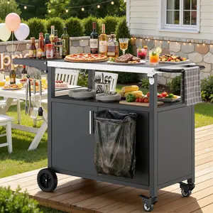 Walsunny Outdoor Grill Cart with Storage, Patio Kitchen Island Outdoor Grill Table with Wheels, BBQ Cart Movable Pizza Oven Table Stand, Storage Cabinet, Foldable Tabletop, Black