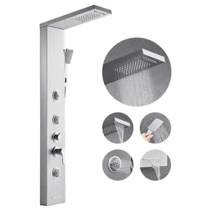 VEVOR Shower Panel Tower System with Rainfall Waterfall Shower Head, 53 in Brushed Stainless Steel Shower Column, 5-Function Faucet, Wall-Mount Rain Massage System with 3 Body Jet, Handheld, Tub Spout