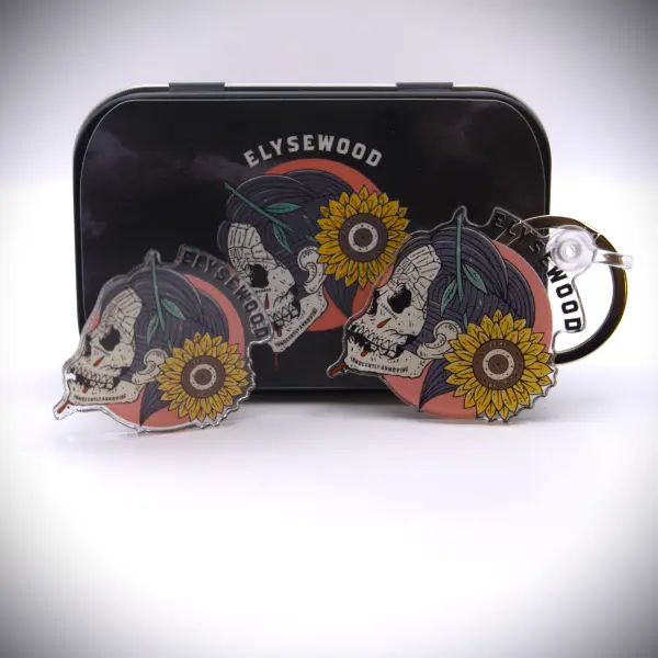 Elysewood - Innocently Annoying Sunflower Skull Tin Kit - Acrylic Keychain and Pin