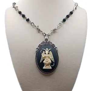 Gothic Baphomet Barbed Wire Black Bead Necklace