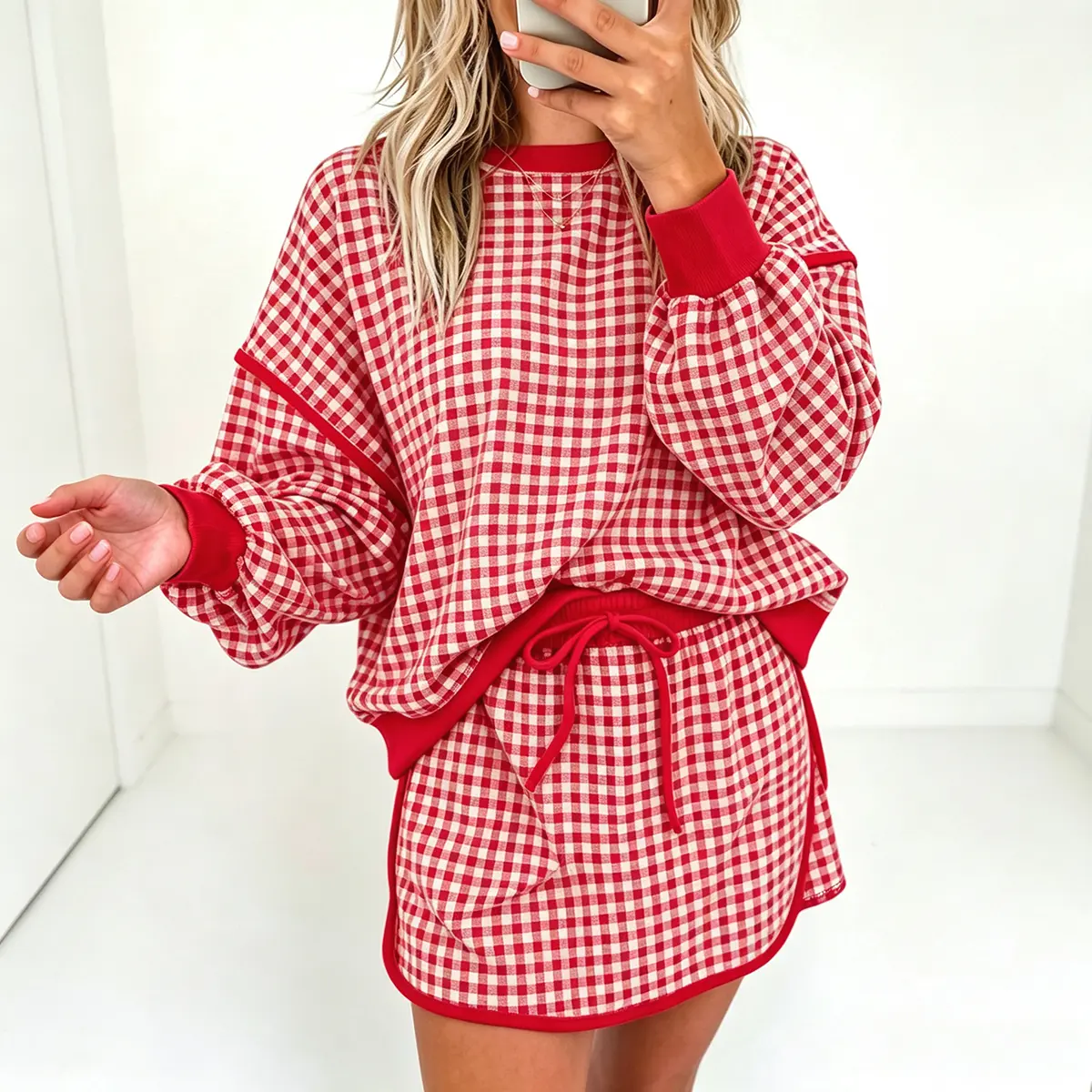 MULLVEIG Women’s Red Gingham 2-Piece Clothes Set, Oversized Crewneck Long Sleeve Top & Mini Skort, Preppy Casual Vintage Fall Streetwear Outfit