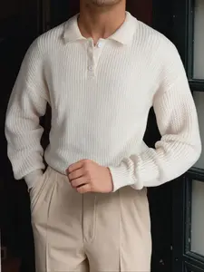 Men's Casual Long Sleeve Polo Neck Sweater Knitwear, Loose Fit Half Button Front, Spring & Fall School Uniform, Daily Commute Workwear