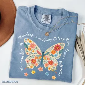 Butterfly Teacher Shirt | The Wonder of Teaching Quote | Floral Watercolor Butterfly Shirt for Educators | Comfort Colors T-Shirt