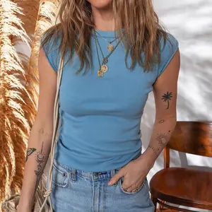 Women's Slim Fit Ribbed Short-Sleeve Round Neck T-Shirt, Casual Raw Hem Basic Lady Clothes, Summer Tops Blouses