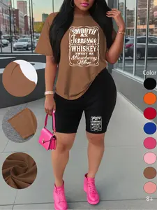 Summer New Women's Short Sleeve and Shorts Set, Casual Sporty Athletic Letter Print, Comfortable Fitted Two-piece T-shirt and Shorts for Outdoor Activities, Activewear Clothing