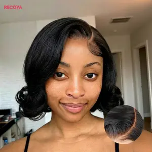 RECOYA ALL READY WIG Wear And Go Glueless cute  Bob wig Loose Wave Lace Front Human Hair Wigs For Women Pre Plucked Pre Cut 7X6 Lace Closure No Glue Needed Natural Black Shoulder Length Pre-Cut
