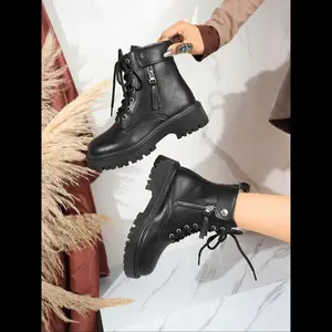 Ladies' Classic Ankle Boots, Fashionable Motorcycle Boots, Side Zipper Design, Lace Up Combat Boots Suitable for Walking and Work, Fashionable Black Platform Short Boots, Comfortable Shoes for Daily Wear Girl Footwear