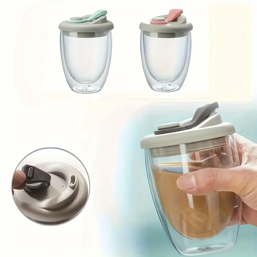 250ml/350ml Double Layer Clear Glass and Silicone Lid - Perfect for Coffee, Juice, and Milk - Egg-shaped Mug for Easy Grip and Comfortable Drinking - Double Walled Glass - Glass Cup with Lid