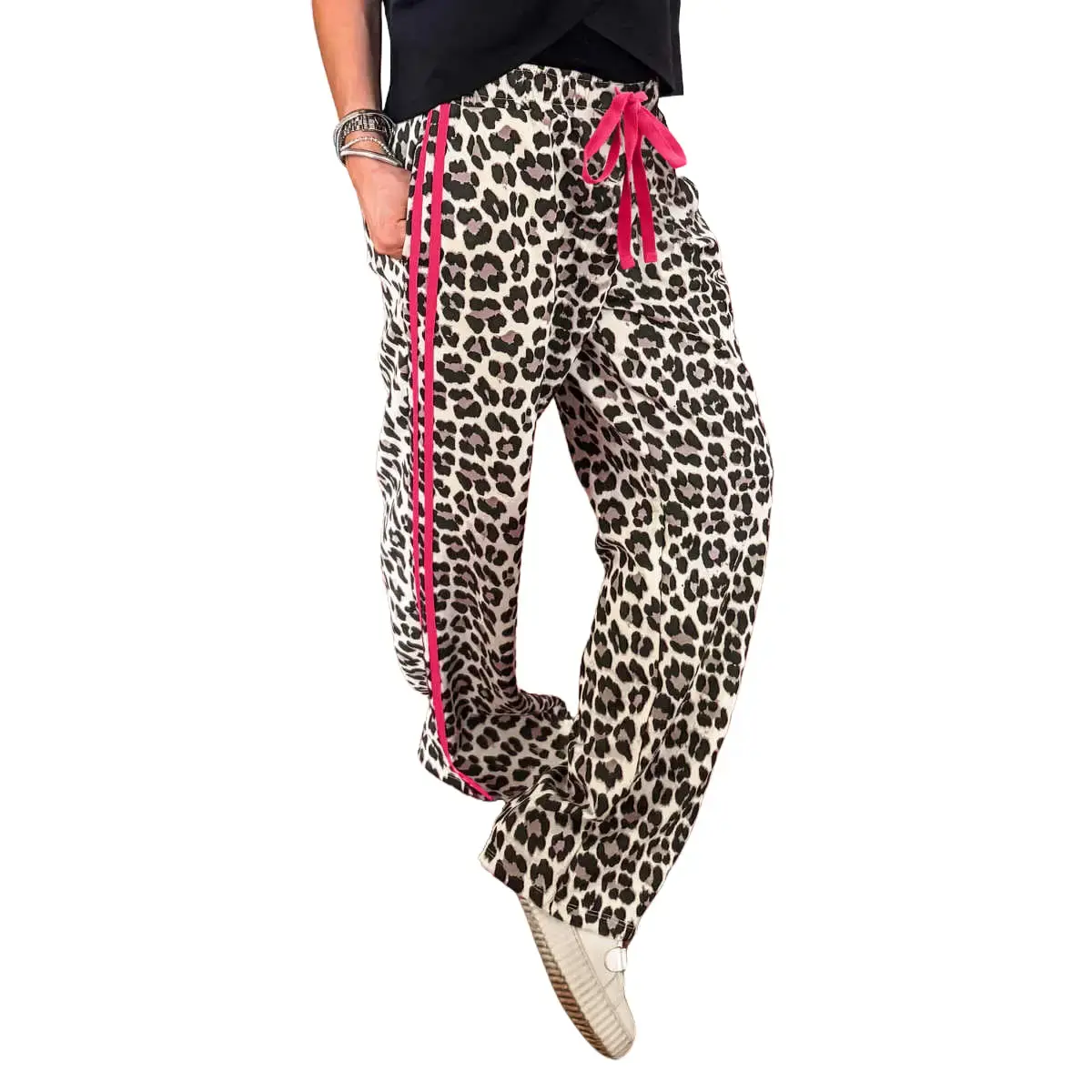 Women's Leopard Print Bold Stripe Wide-Leg Pants - Rose Contrast Stripes, Breathable Blend Elastane Fabric, Adjustable Drawcord Bottom, Pockets, Casual Day Wear Fit