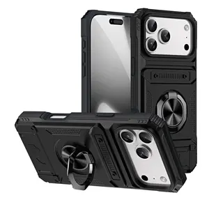 iPhone 17 Pro Max / 16 Plus / 15 / 14 / 13 Built-in Card Slot CaseHidden Card Pocket & Ring Holder Stand, Shockproof & Men's Design