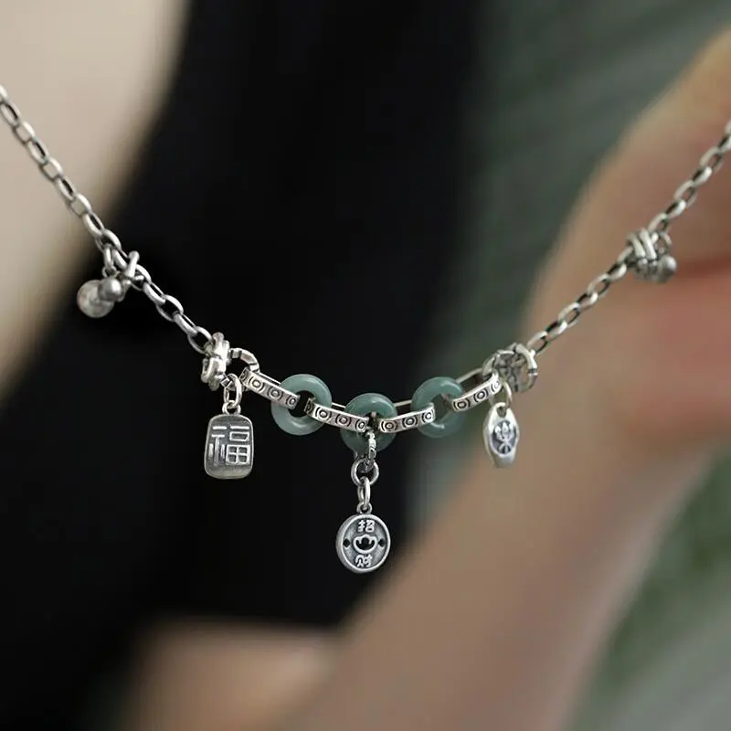 Women's 925 Silver Chinese Traditional Vintage Minimalist Anklet, Jade Peace Buckle, Joy & Fortune Pendant, Versatile Unique Fashion Costume Jewelry Accessory