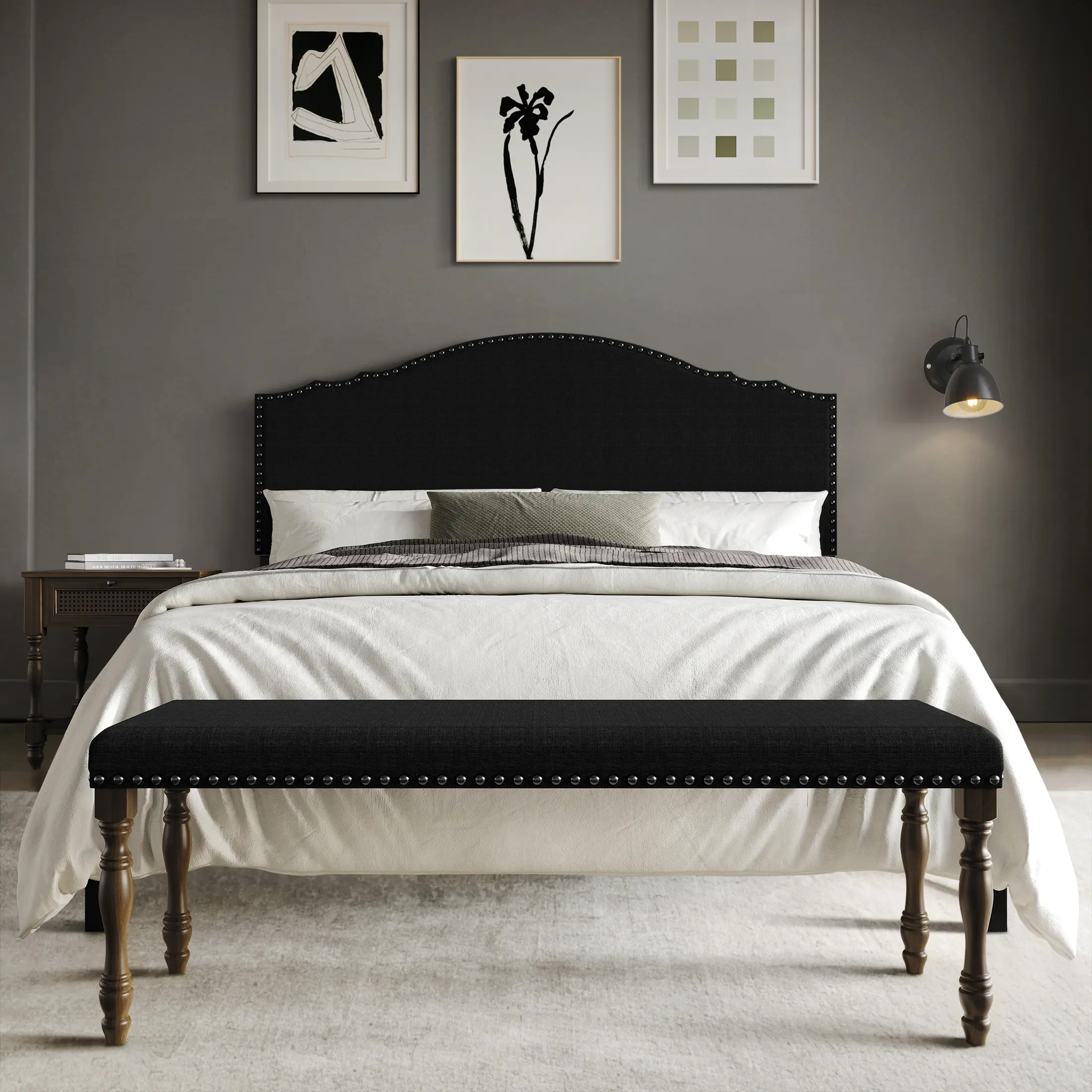 ChaletPosh Camelback Headboard Bedroom Set Upholstered Bed with Nightstand and Bench Linen Fabric Solid Rubberwood Frame