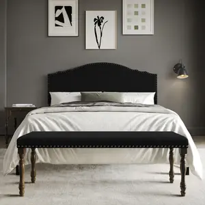 ChaletPosh Camelback Headboard Bedroom Set Upholstered Bed with Nightstand and Bench Linen Fabric Solid Rubberwood Frame