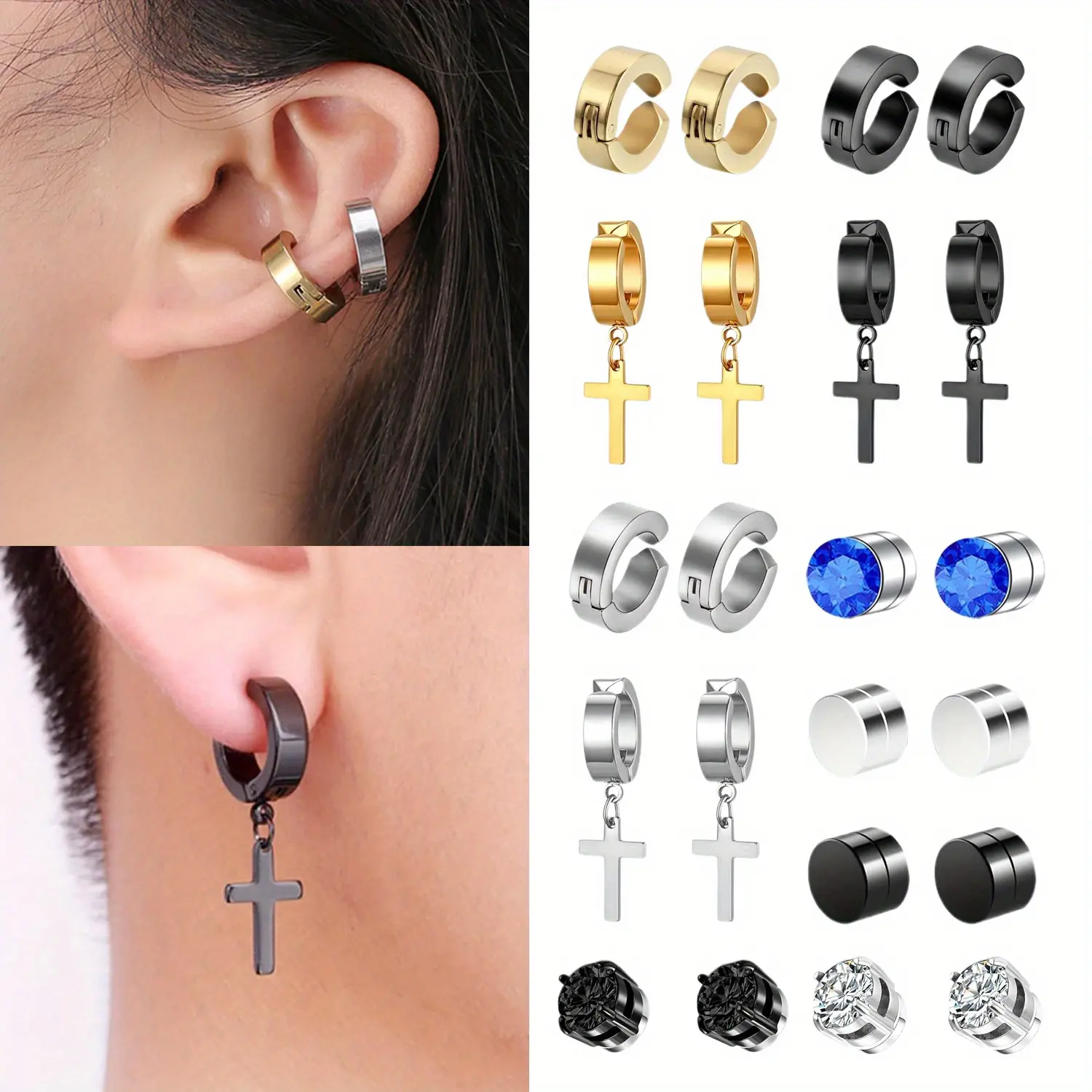 11-Pair Unisex Clip-On Earrings Set, Hypoallergenic Stainless Steel Costume Jewelry, Non-Piercing Magnetic Ear Clips, Gift for Christmas & Anniversary, Magnetic Earrings, Pain-Free Wear, Birthday, Clip Earrings