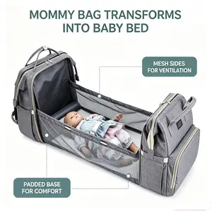 3-in-1 Gray Diaper Bag Backpack for Moms - Waterproof, Large-Capacity, Multifunctional with Built-in Changing Station, USB Charging Port, Portable Foldable Infant Bed for Outdoor & Daily Camping Hiking Use