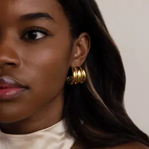 Chunky Triple Hoops by Caitlyn Minimalist - Thick Ribbed Statement Earrings in Gold - Minimalist Jewelry - Birthday Gift