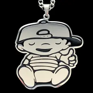 Baby Mac Miller Necklace 2" Mirror Polished Stainless Steel Pendant with Black Enamel Laser Cut Hypoallergenic Chain Included