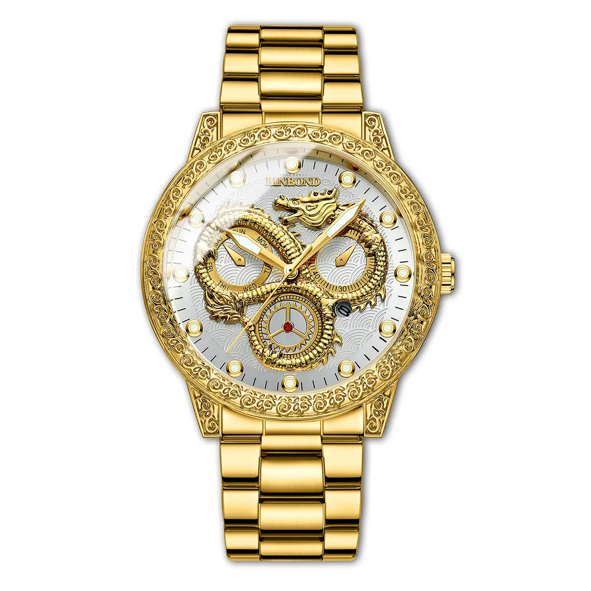 BINBOND Watches for Men Gold Dragon Luxury Dress Business Quartz Big Face Dial  Stainless Steel Date Men's Wrist Watch Gift Waterproof Luminous G3030