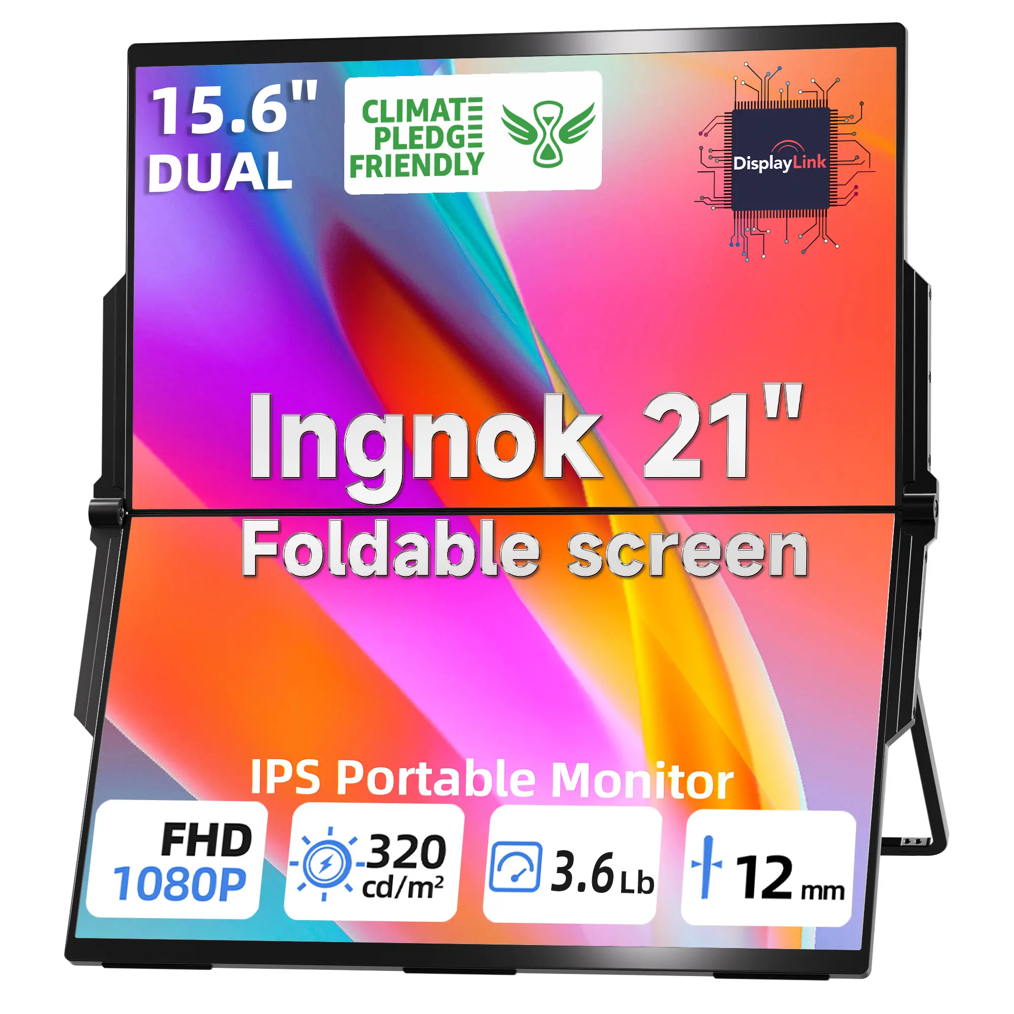 Ingnok 15.6" Dual Portable Monitor, Foldable Triple Screen Extender for Laptop, 1080P IPS Plug & Play External Display for Work & Gaming